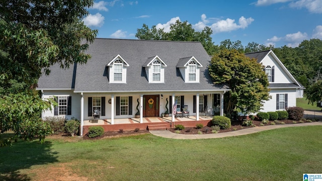 cape cod house with a porch and a front lawn