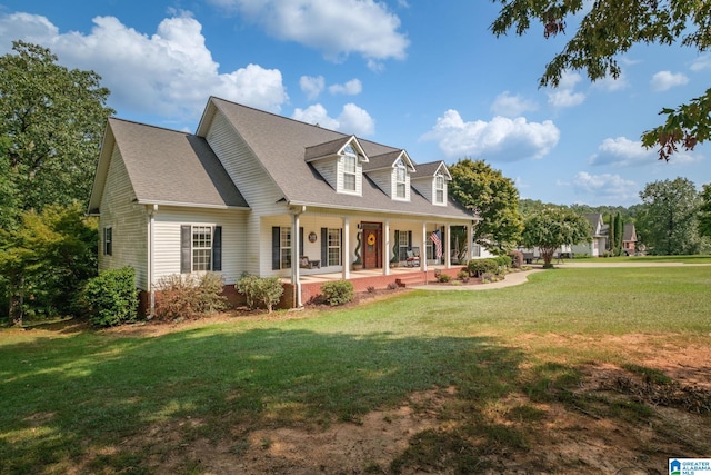 cape cod house featuring a porch and a front yard