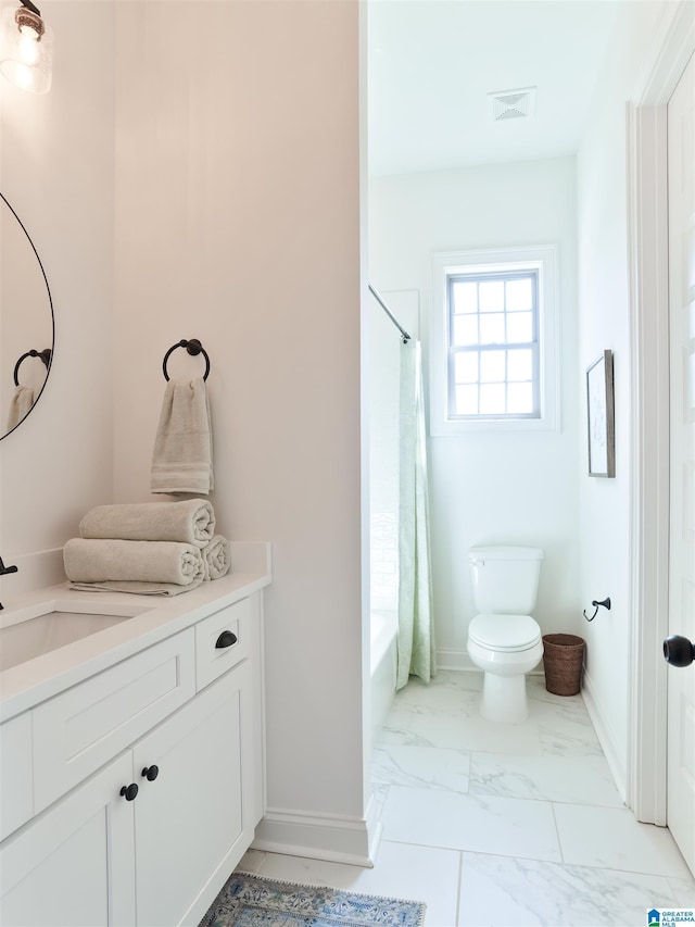 full bathroom featuring vanity, toilet, and shower / bathtub combination with curtain