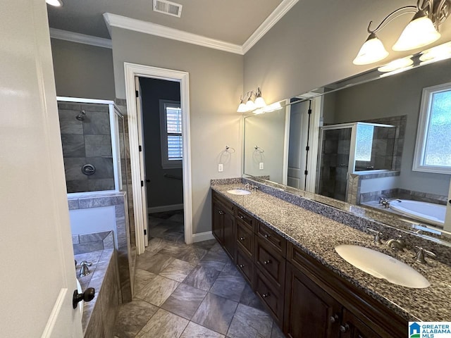 bathroom with vanity, separate shower and tub, and ornamental molding