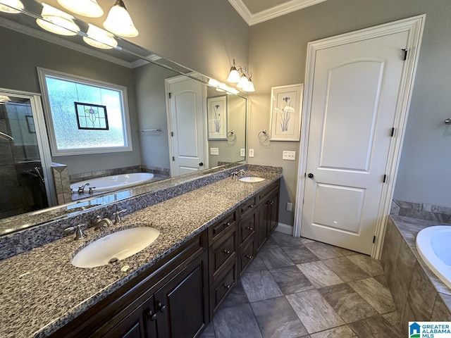 bathroom featuring independent shower and bath, crown molding, vanity, and a chandelier