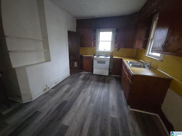 kitchen featuring white electric range, dark wood-type flooring, and sink