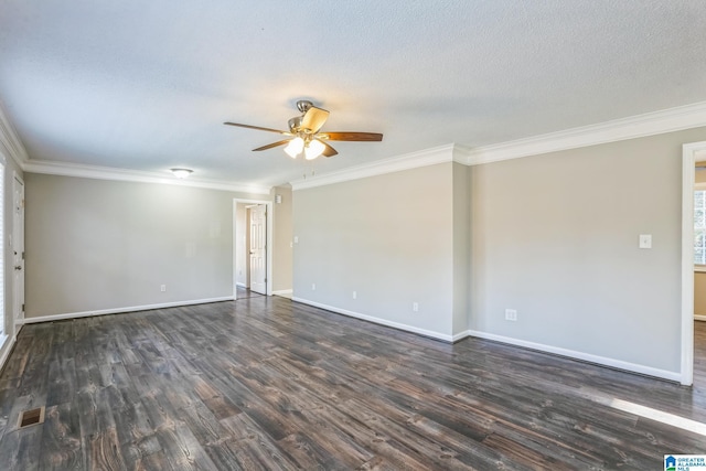 empty room with crown molding, ceiling fan, dark wood-type flooring, and a textured ceiling