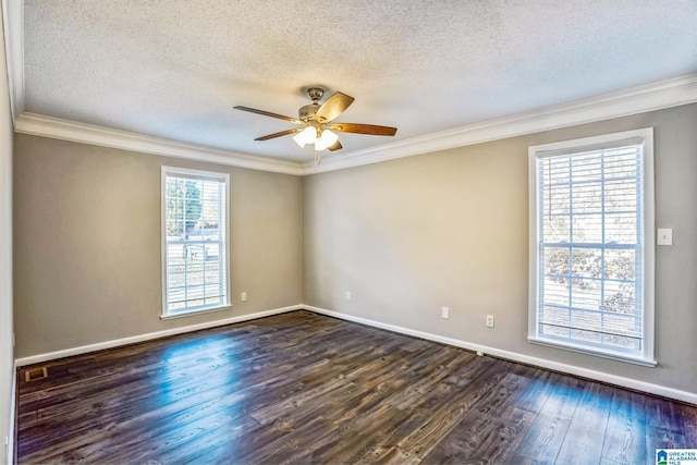 unfurnished room featuring a textured ceiling, dark hardwood / wood-style floors, ceiling fan, and crown molding