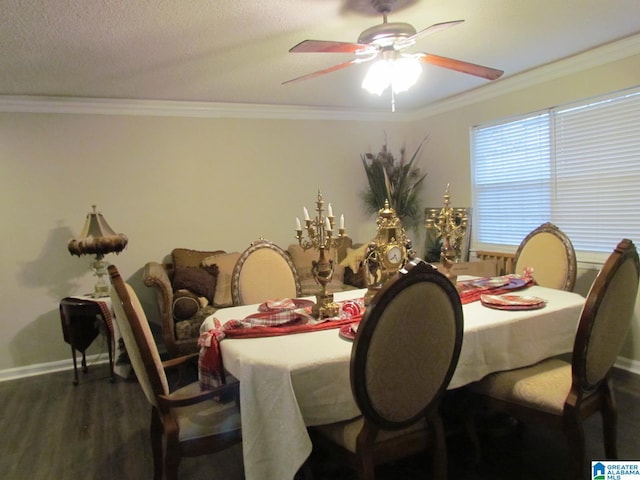 dining area featuring ceiling fan, dark hardwood / wood-style flooring, and crown molding