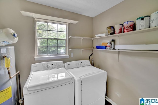 laundry area with water heater and washing machine and clothes dryer