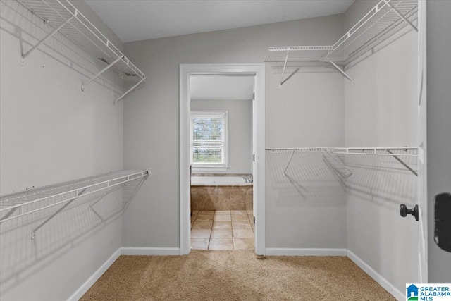 walk in closet featuring carpet and lofted ceiling