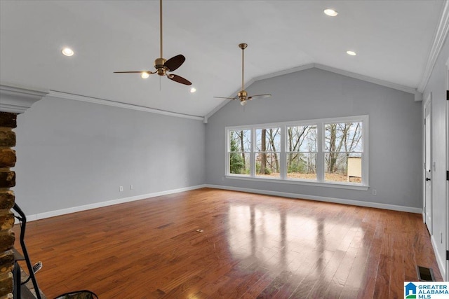 unfurnished living room featuring ceiling fan, ornamental molding, lofted ceiling, and hardwood / wood-style floors