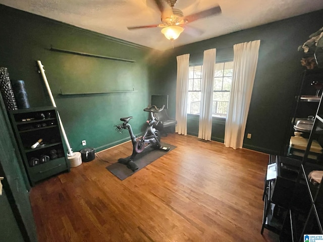 workout area with wood-type flooring, vaulted ceiling, and ceiling fan