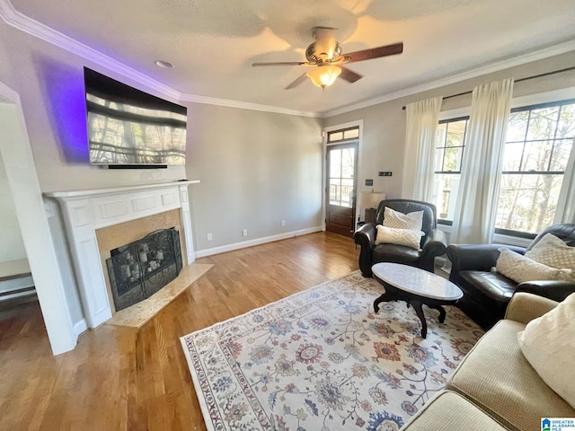 living room with ceiling fan, crown molding, and light hardwood / wood-style flooring