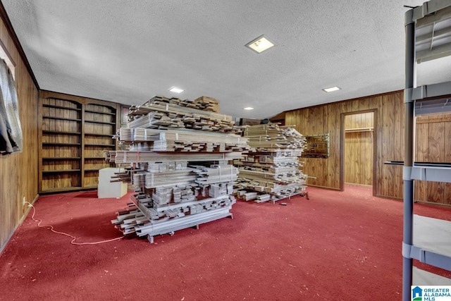 miscellaneous room with carpet, wood walls, and a textured ceiling