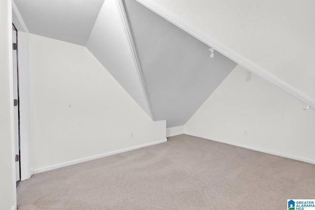 additional living space featuring light colored carpet and vaulted ceiling