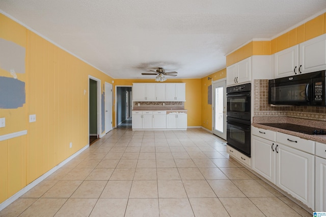 kitchen with white cabinetry, ceiling fan, decorative backsplash, light tile patterned flooring, and black appliances