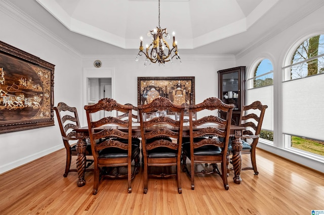 dining space featuring light wood finished floors, a raised ceiling, and a healthy amount of sunlight