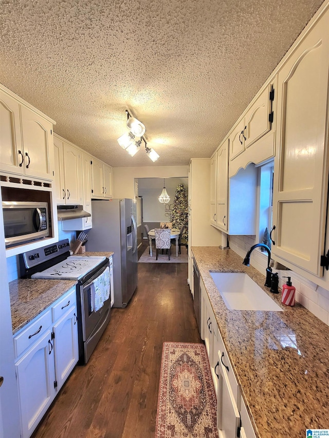 kitchen with white cabinets, dark hardwood / wood-style flooring, sink, and stainless steel appliances