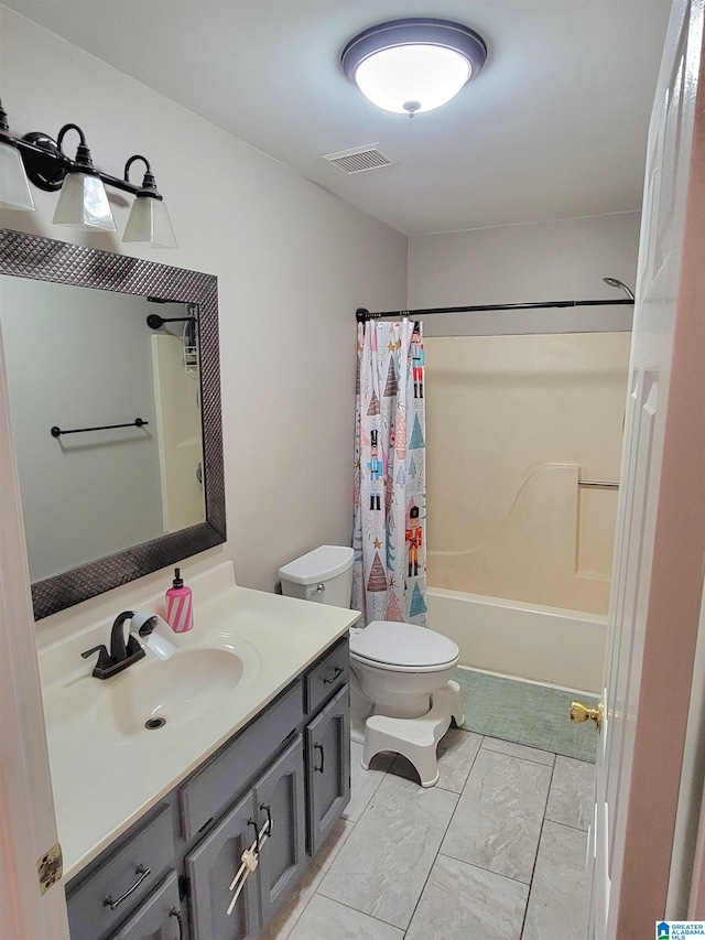 full bathroom with toilet, vanity, and shower / tub combo with curtain