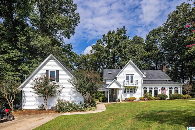 view of front of home featuring a balcony and a front lawn