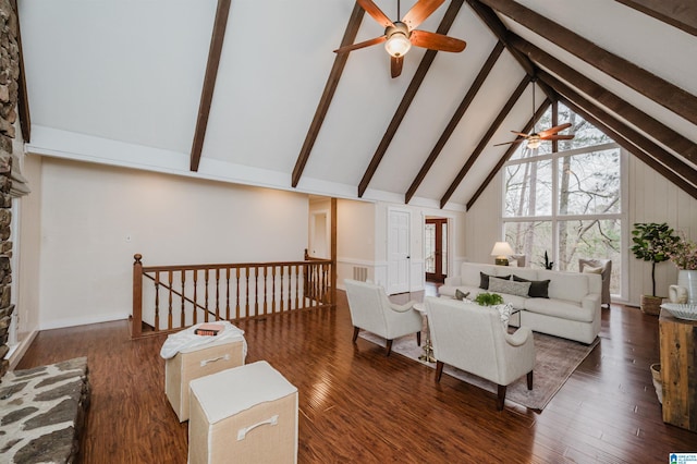 living room with ceiling fan, beam ceiling, dark hardwood / wood-style flooring, and high vaulted ceiling