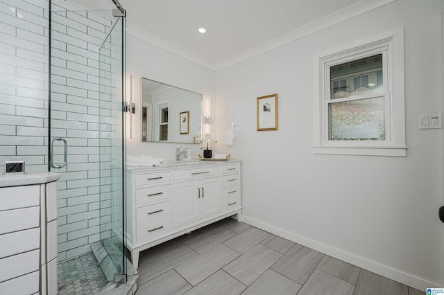 bathroom with vanity, walk in shower, and ornamental molding