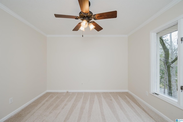 carpeted empty room with ceiling fan, a healthy amount of sunlight, and ornamental molding