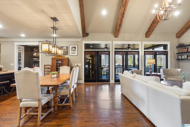 dining room with french doors, dark hardwood / wood-style flooring, ceiling fan, and beam ceiling