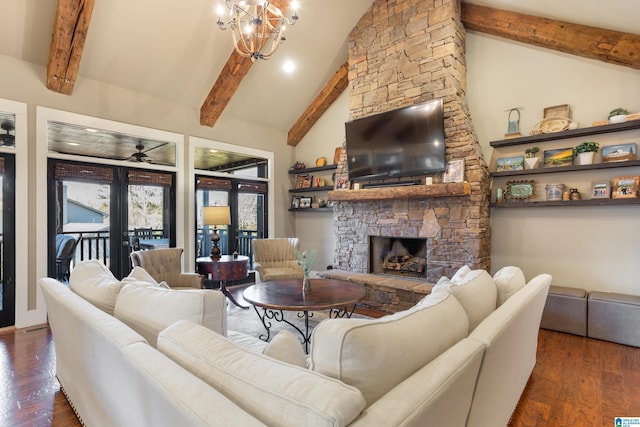 living room with a fireplace, french doors, dark wood-type flooring, and beam ceiling