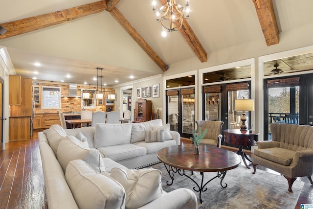 living room featuring beamed ceiling, dark hardwood / wood-style flooring, ceiling fan with notable chandelier, and high vaulted ceiling