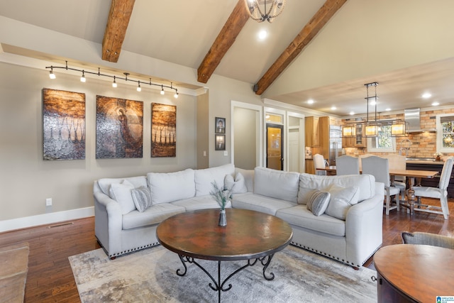 living room with beamed ceiling, dark wood-type flooring, and high vaulted ceiling