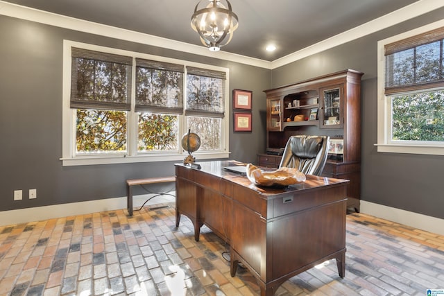 office with crown molding and a notable chandelier