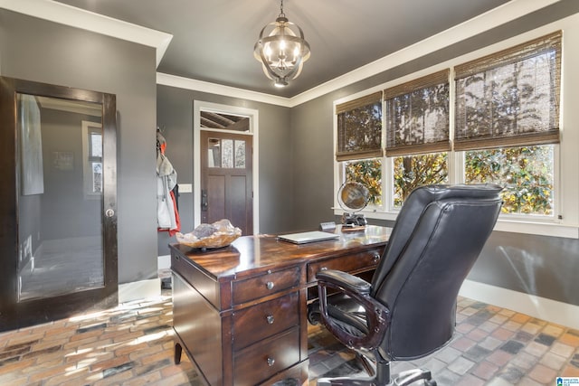 office space with crown molding and an inviting chandelier