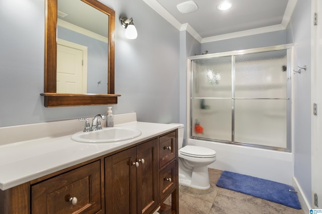 full bathroom with combined bath / shower with glass door, vanity, toilet, and ornamental molding