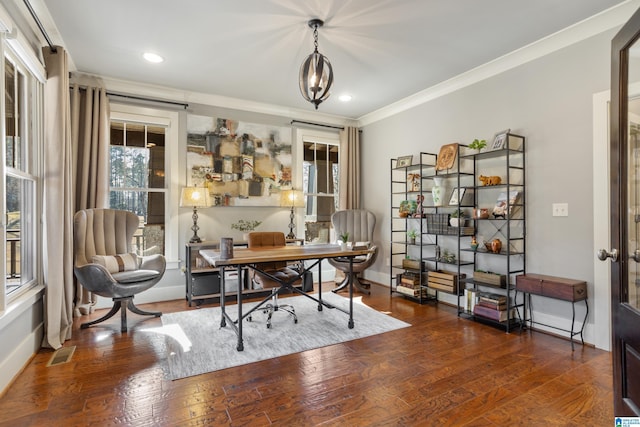 office space with crown molding and hardwood / wood-style floors