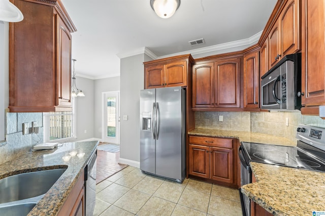 kitchen with light stone countertops, light tile patterned floors, stainless steel appliances, and crown molding