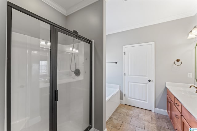 bathroom with tile patterned floors, vanity, ornamental molding, and plus walk in shower