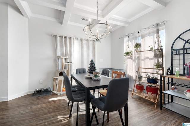 dining space with beam ceiling, dark wood-type flooring, coffered ceiling, and an inviting chandelier