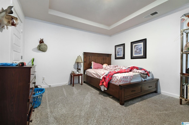 carpeted bedroom with a raised ceiling