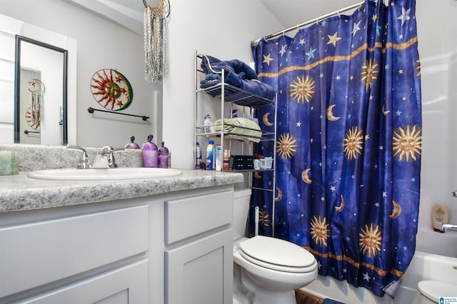 full bathroom with vanity, toilet, and shower / bathtub combination with curtain