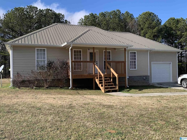 ranch-style home with a porch, a garage, and a front yard