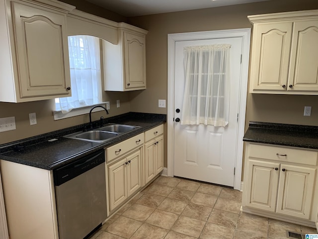 kitchen with sink, stainless steel dishwasher, and cream cabinets