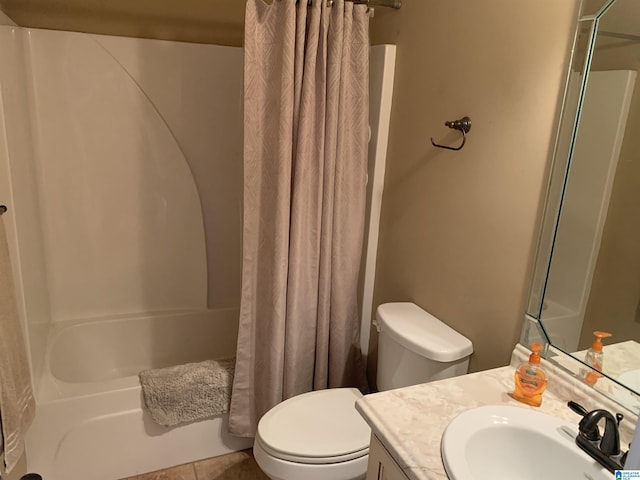 full bathroom with toilet, vanity, and shower / bath combination with curtain