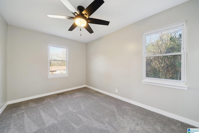 carpeted spare room with ceiling fan and a wealth of natural light