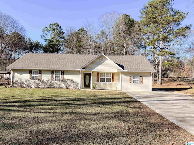 single story home with a front lawn and covered porch