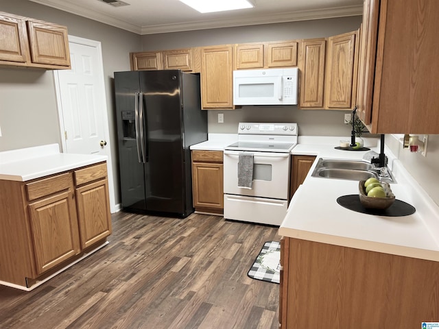 kitchen with crown molding, sink, dark wood-type flooring, and white appliances