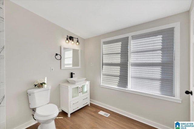 bathroom featuring toilet, vanity, a wealth of natural light, and hardwood / wood-style floors