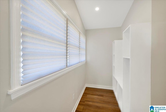 walk in closet with dark hardwood / wood-style flooring