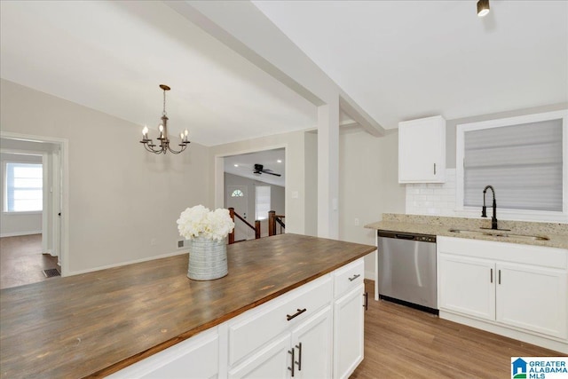 kitchen with lofted ceiling, stainless steel dishwasher, decorative backsplash, sink, and white cabinets