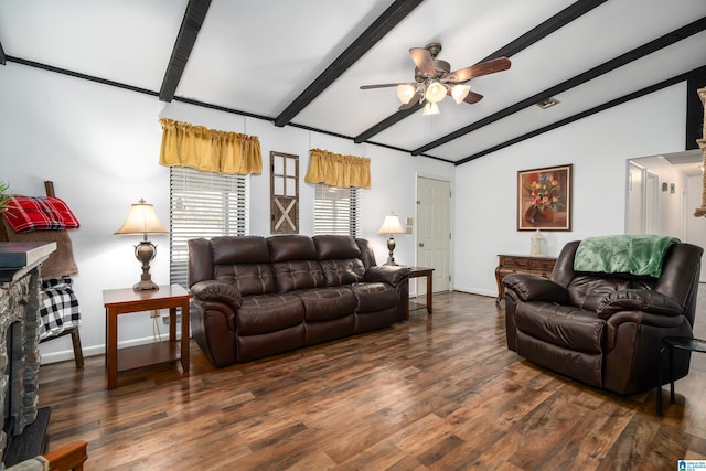 living room with vaulted ceiling with beams, dark hardwood / wood-style floors, and ceiling fan