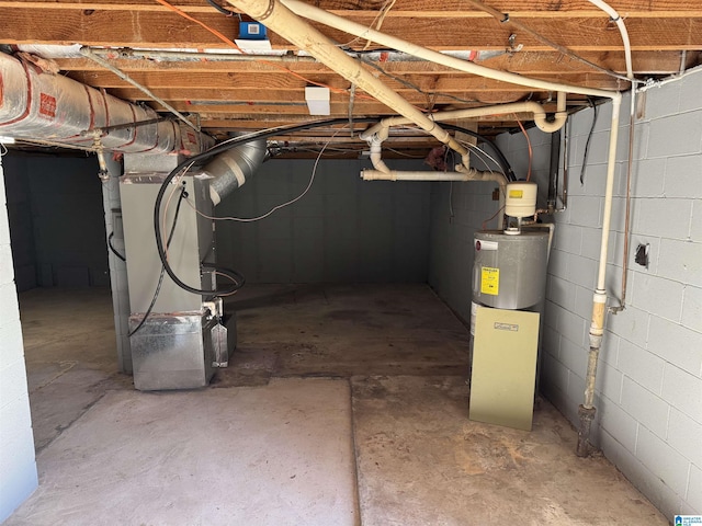 basement with electric water heater and heating unit