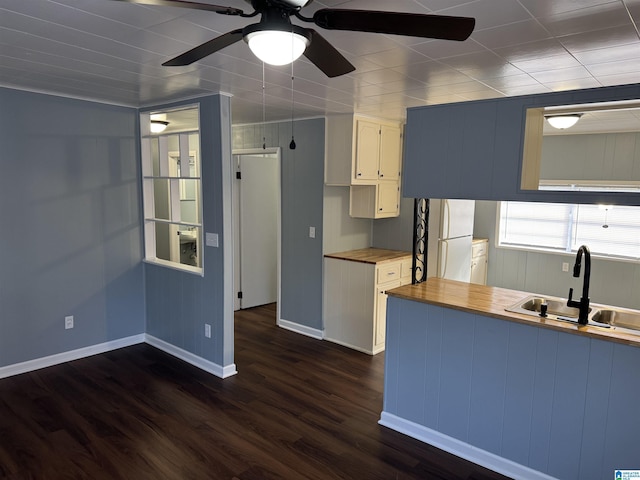 kitchen with butcher block counters, ceiling fan, sink, dark hardwood / wood-style flooring, and white refrigerator