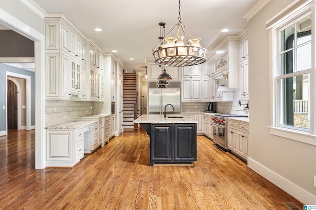 kitchen featuring decorative backsplash, pendant lighting, premium appliances, and a center island with sink